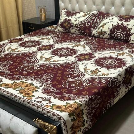 Maroon Printed Crystal Cotton Double Bedsheet Set with Pillow Covers